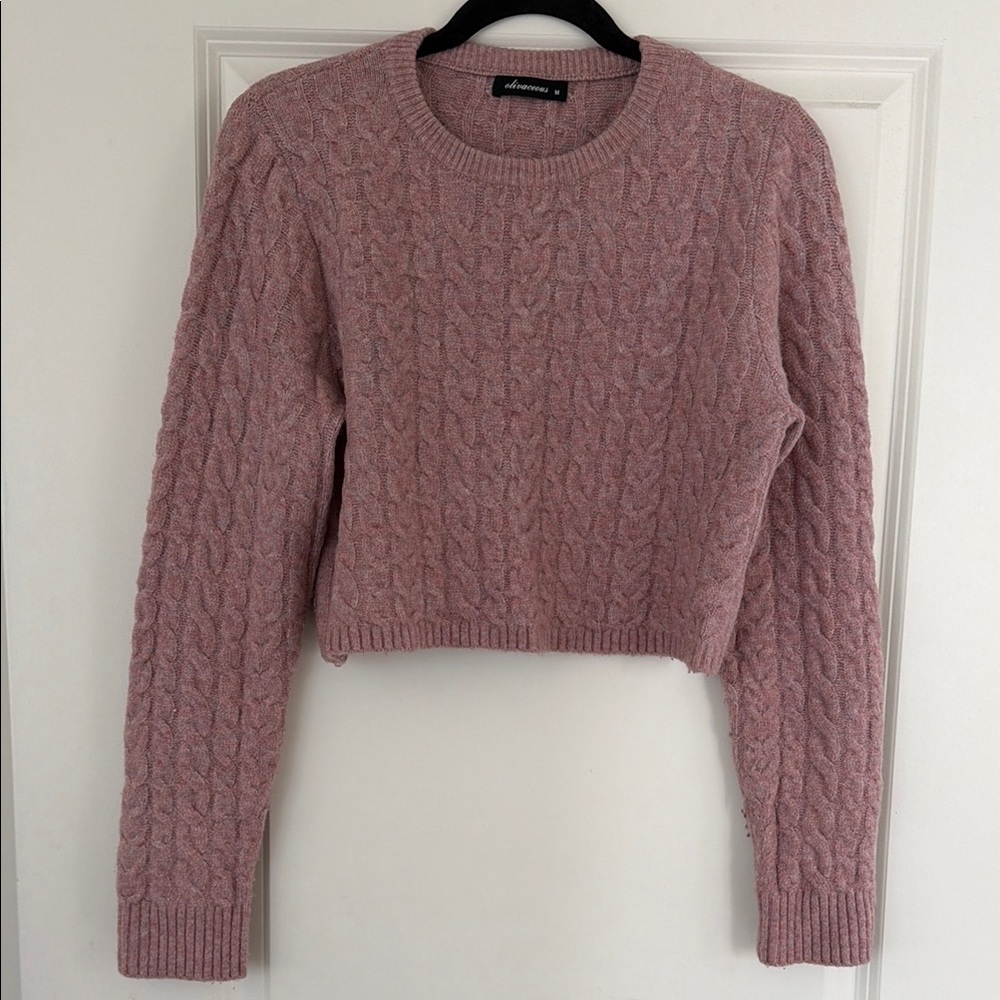 Olivaceous Dusty Rose Cable-Knit Crew Crop Sweater - Size M